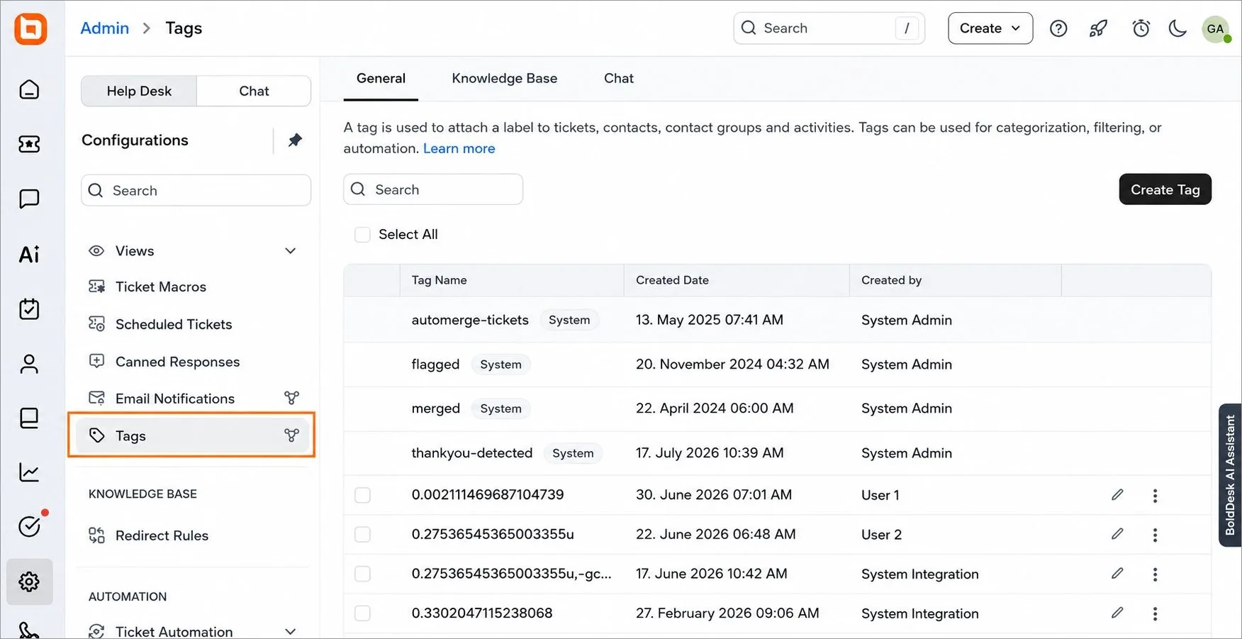BoldDesk ticket tagging settings page showing system and custom ticket tags with options to create, edit, and manage tags.