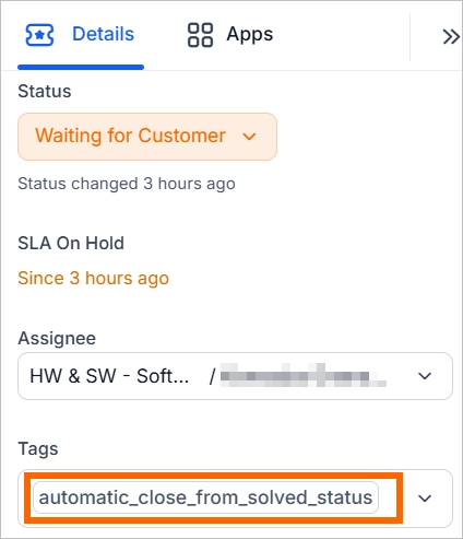 BoldDesk ticket details panel showing a support ticket with the tag "automatic_close_from_solved_status" applied.