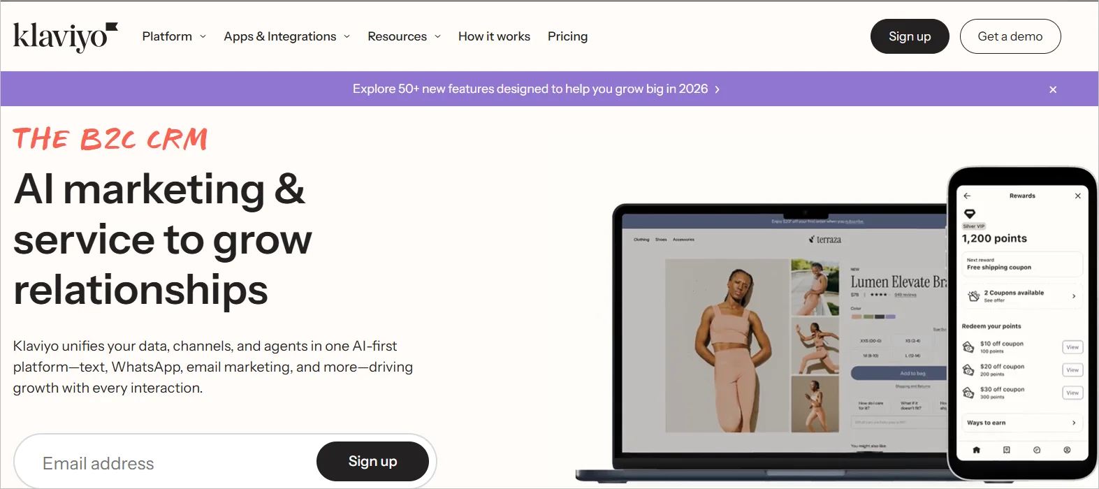 Klaviyo webpage with the text “AI marketing & service to grow relationships,” showing a product page on a laptop, a rewards screen on a phone, and sign‑up options.