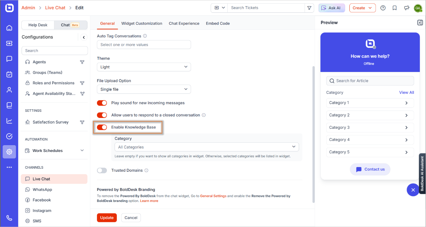 Live chat release: Knowledge base