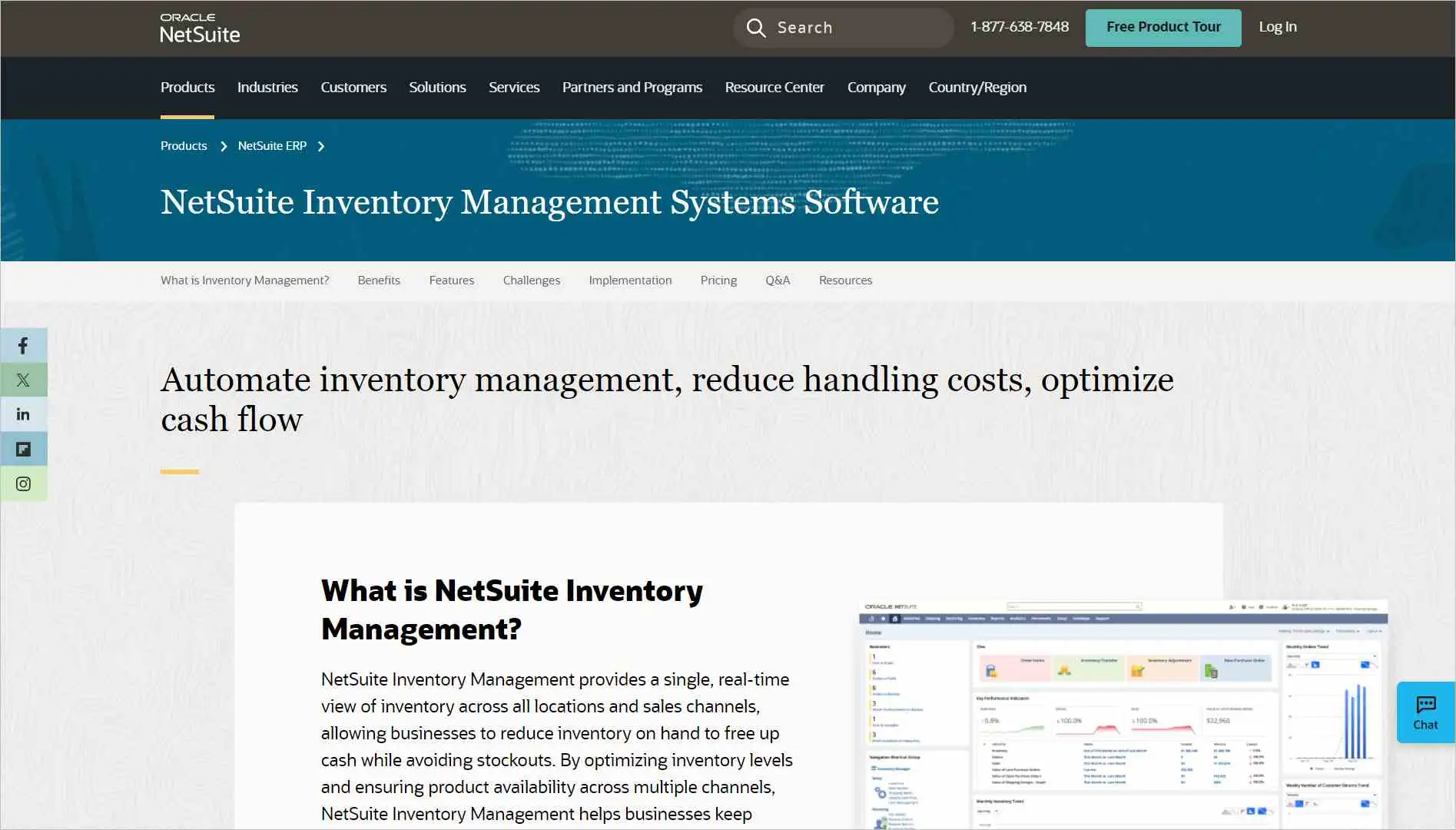 NetSuite webpage showing “Inventory Management Systems Software” with text on automating inventory, reducing costs, and an interface preview.