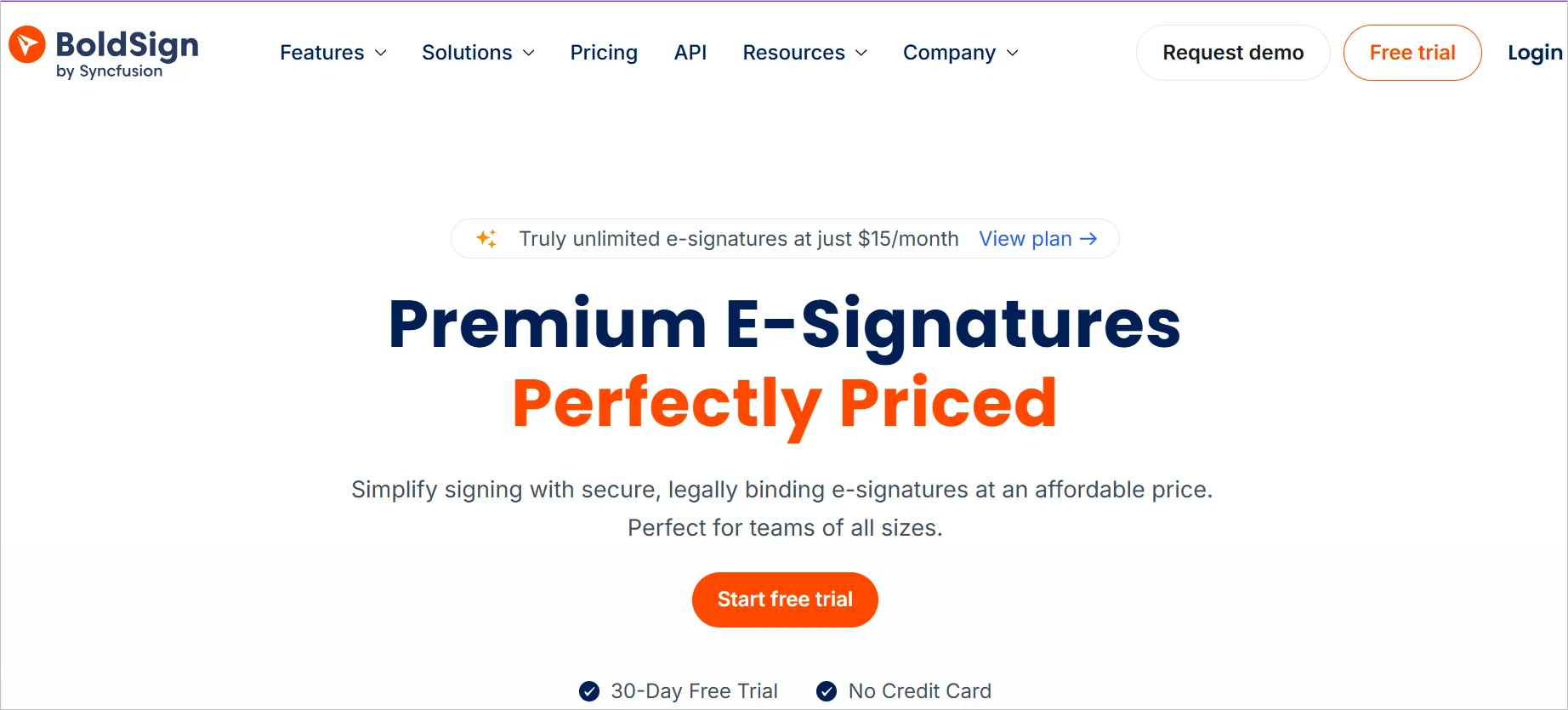BoldSign webpage with the text “Premium E‑Signatures Perfectly Priced,” highlighting secure, legally binding signatures and a button to start a free trial.