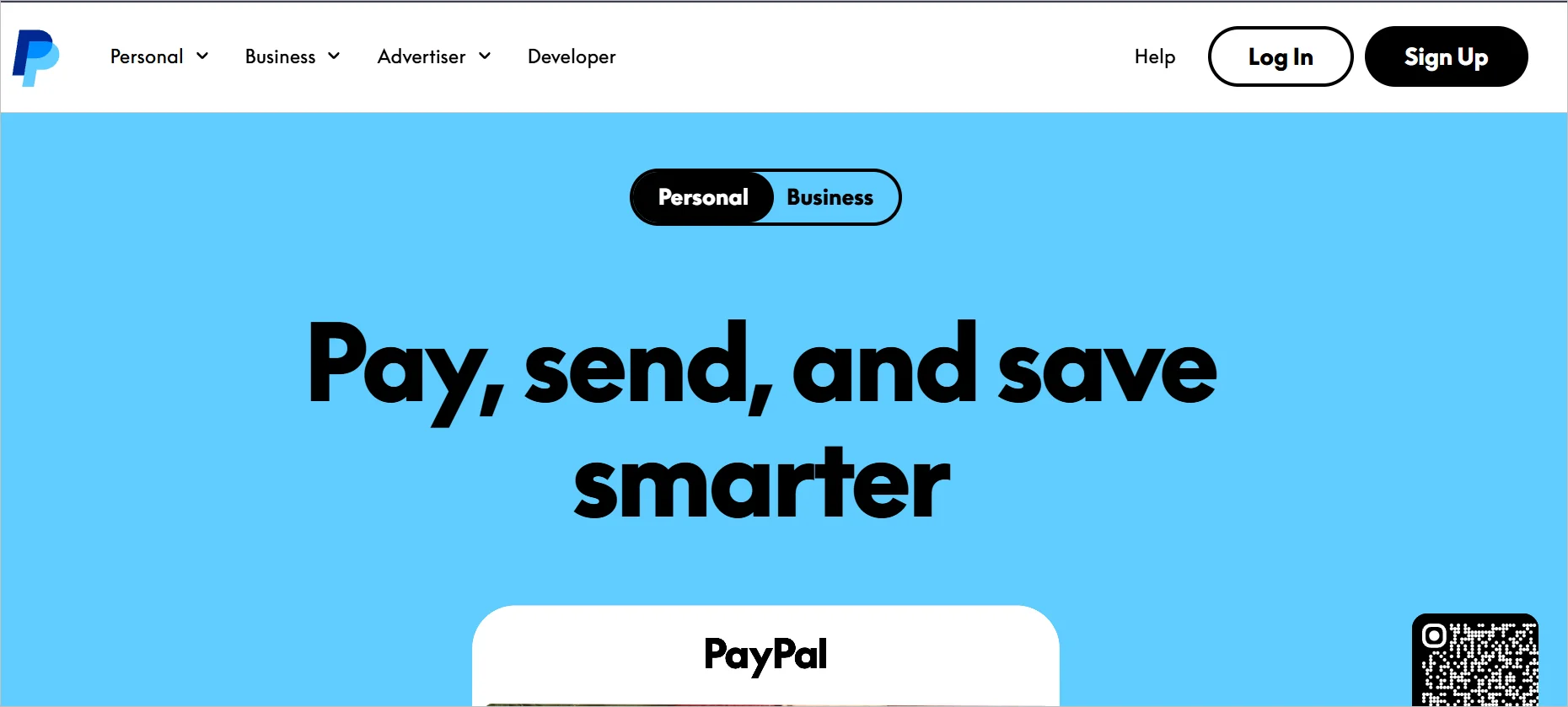 PayPal webpage showing a blue header with the text “Pay, send, and save smarter” and navigation links for personal, business, login, and sign‑up.