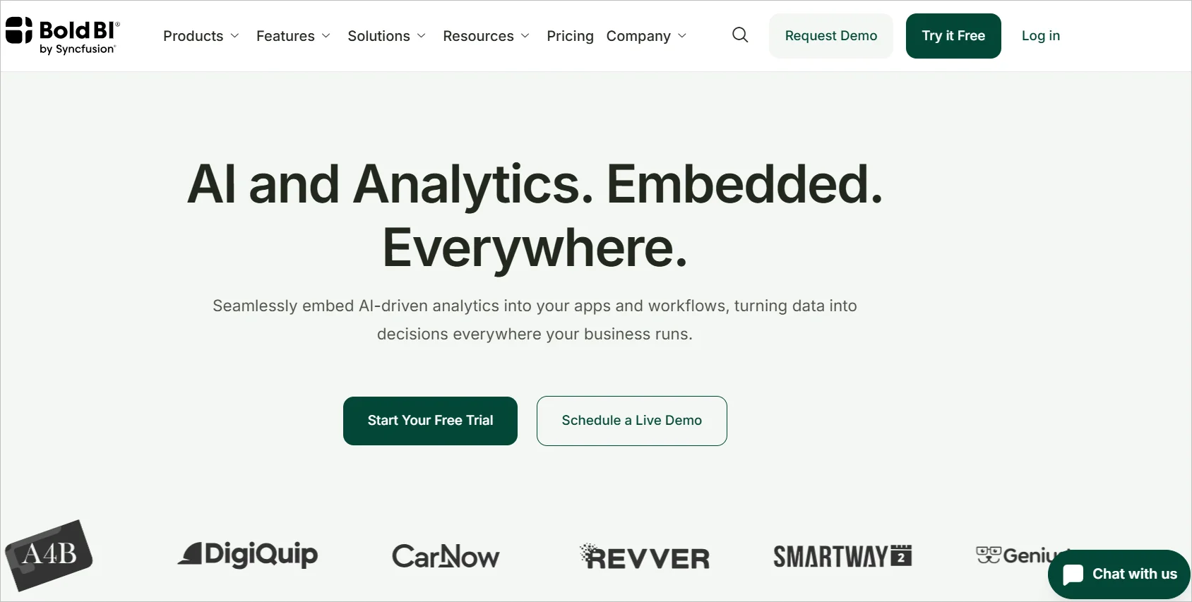 BoldBI webpage displaying the headline “AI and Analytics. Embedded. Everywhere.” with buttons for a free trial, a live demo, and partner logos below.