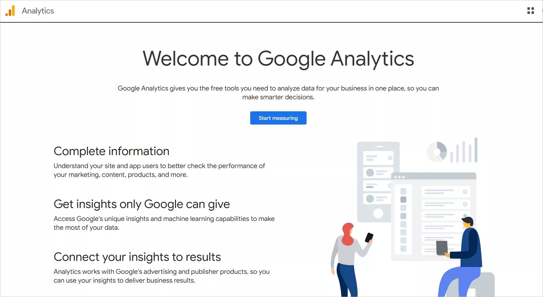 Google Analytics webpage with the heading “Welcome to Google Analytics,” feature summaries, a “Start measuring” button, and illustrated analytics elements.