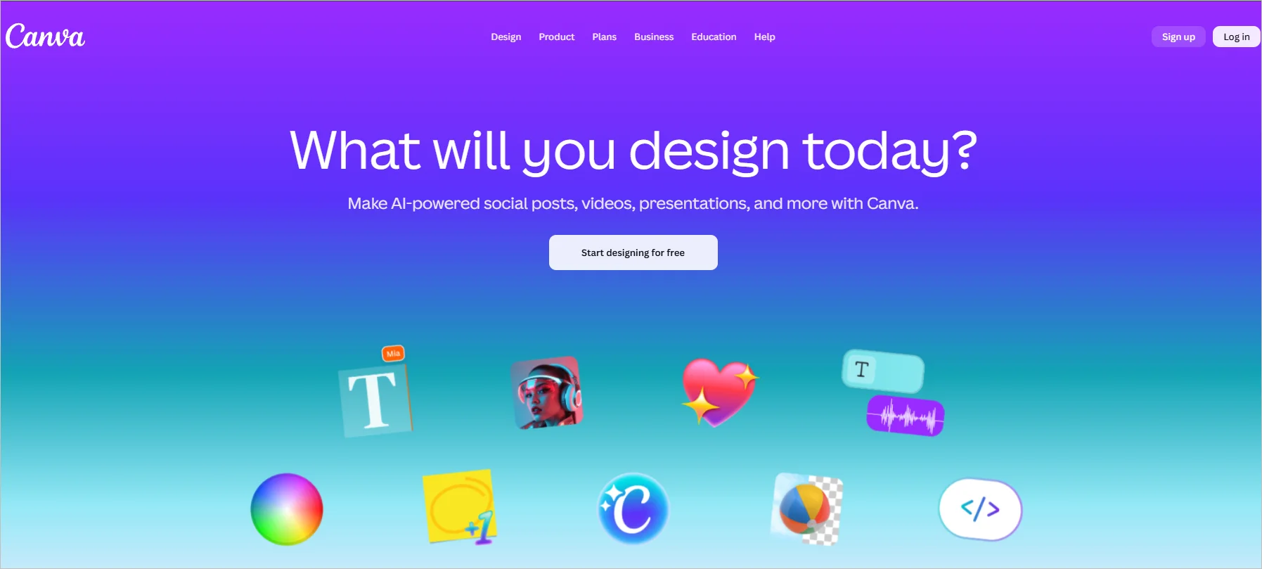 Canva webpage with the text “What will you design today?” showing colorful design icons and a button to start designing for free.
