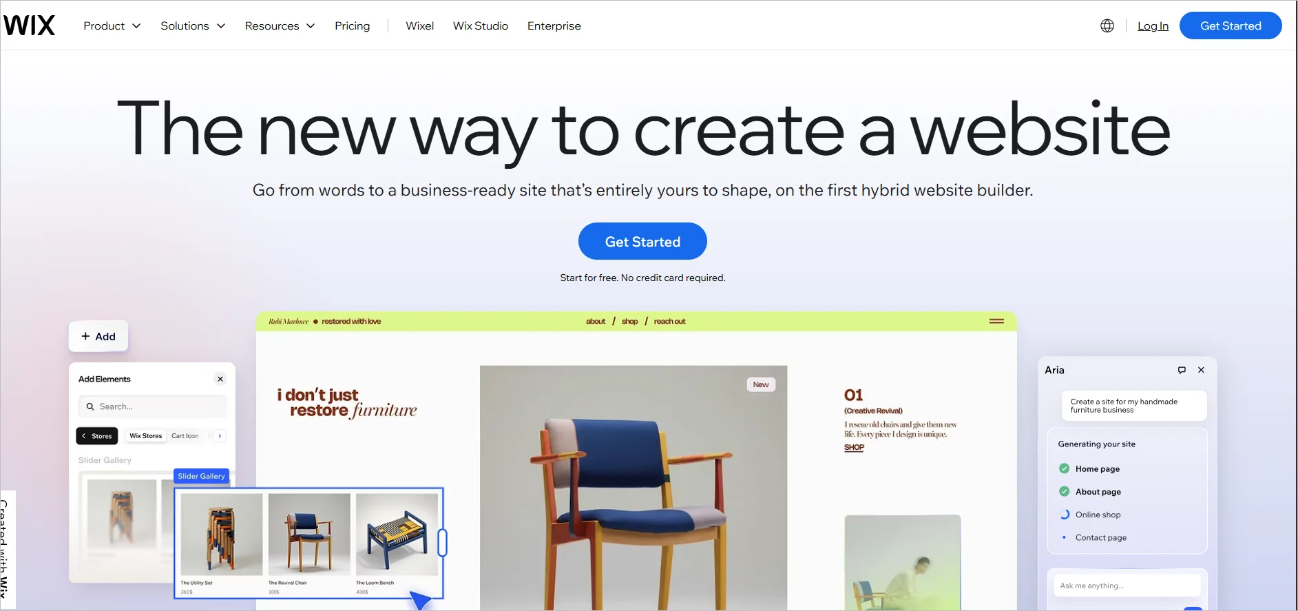 Wix webpage with the heading “The new way to create a website,” showing a website editor interface, design tools, and a button to get started.