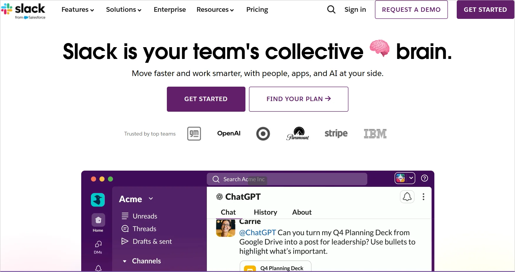Slack webpage with the headline “Slack is your team’s collective brain,” navigation links, call‑to‑action buttons, partner logos, and a preview of the Slack interface.