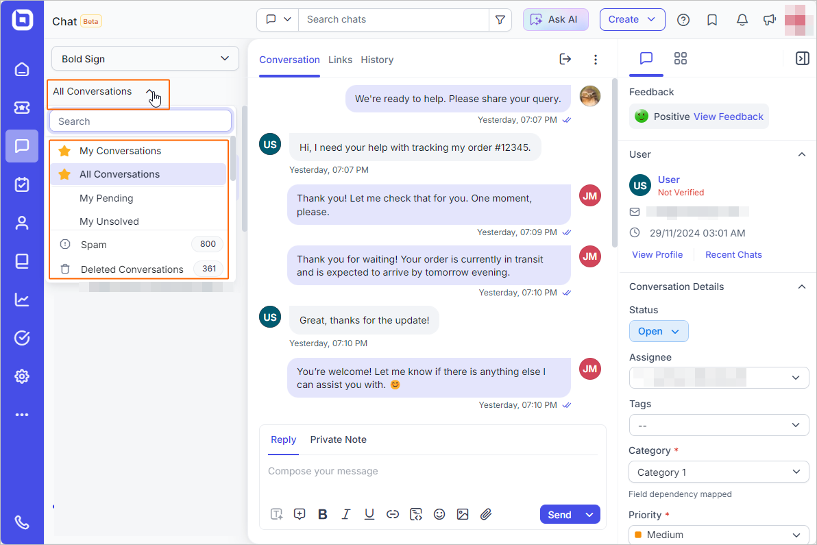 Live chat release: All in one conversation view