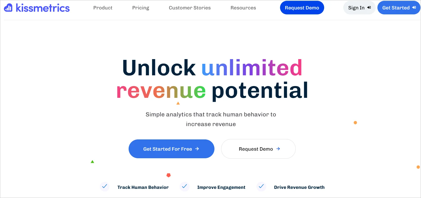 Kissmetrics webpage with the headline “Unlock unlimited revenue potential,” feature highlights, and buttons to get started or request a demo.