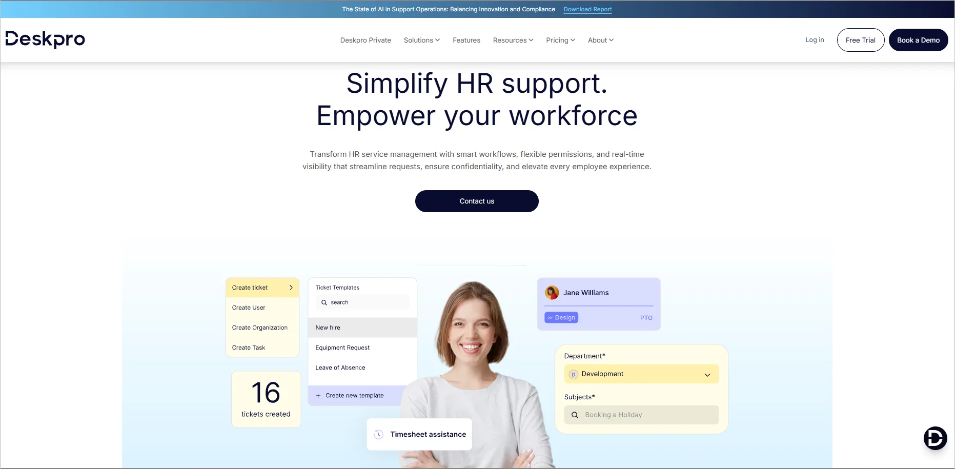 Deskpro homepage showing a bold headline, email signup form, a smiling woman, and chat prompt, highlighting an engaging HR help desk experience.