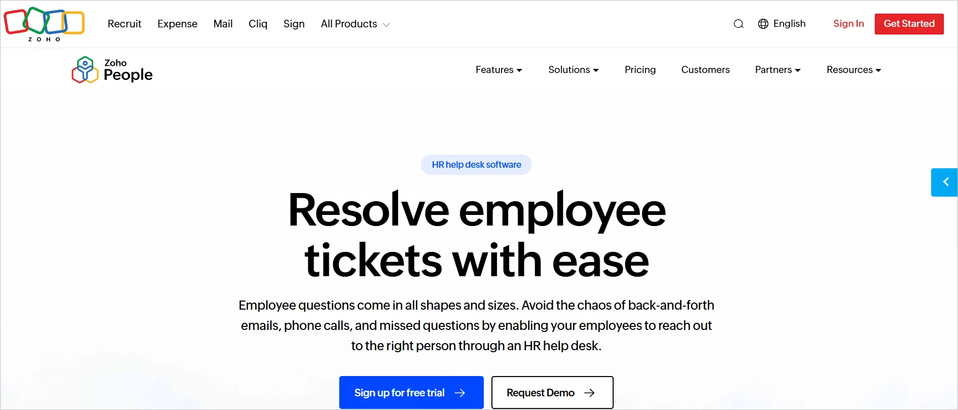 Zoho Desk homepage displaying Resolve employee tickets with ease message with trial and demo buttons, presenting a modern HR help desk experience.
