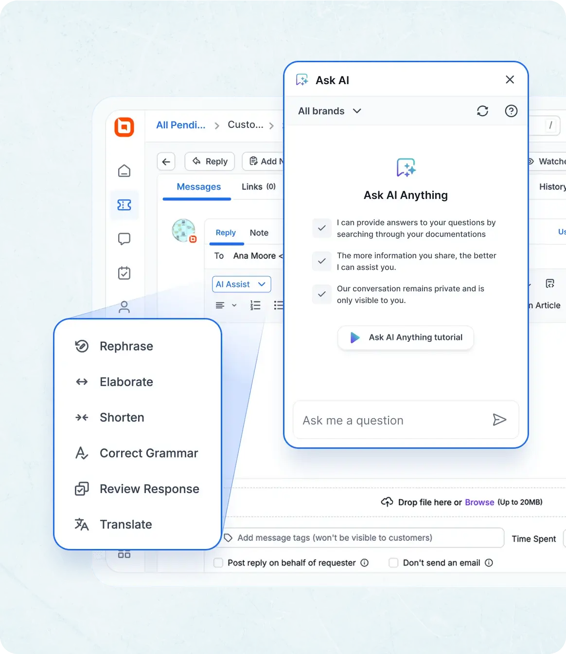 An image illustrating BoldDesk's AI assist features, including rephrasing, shortening content, correcting grammar, and translating