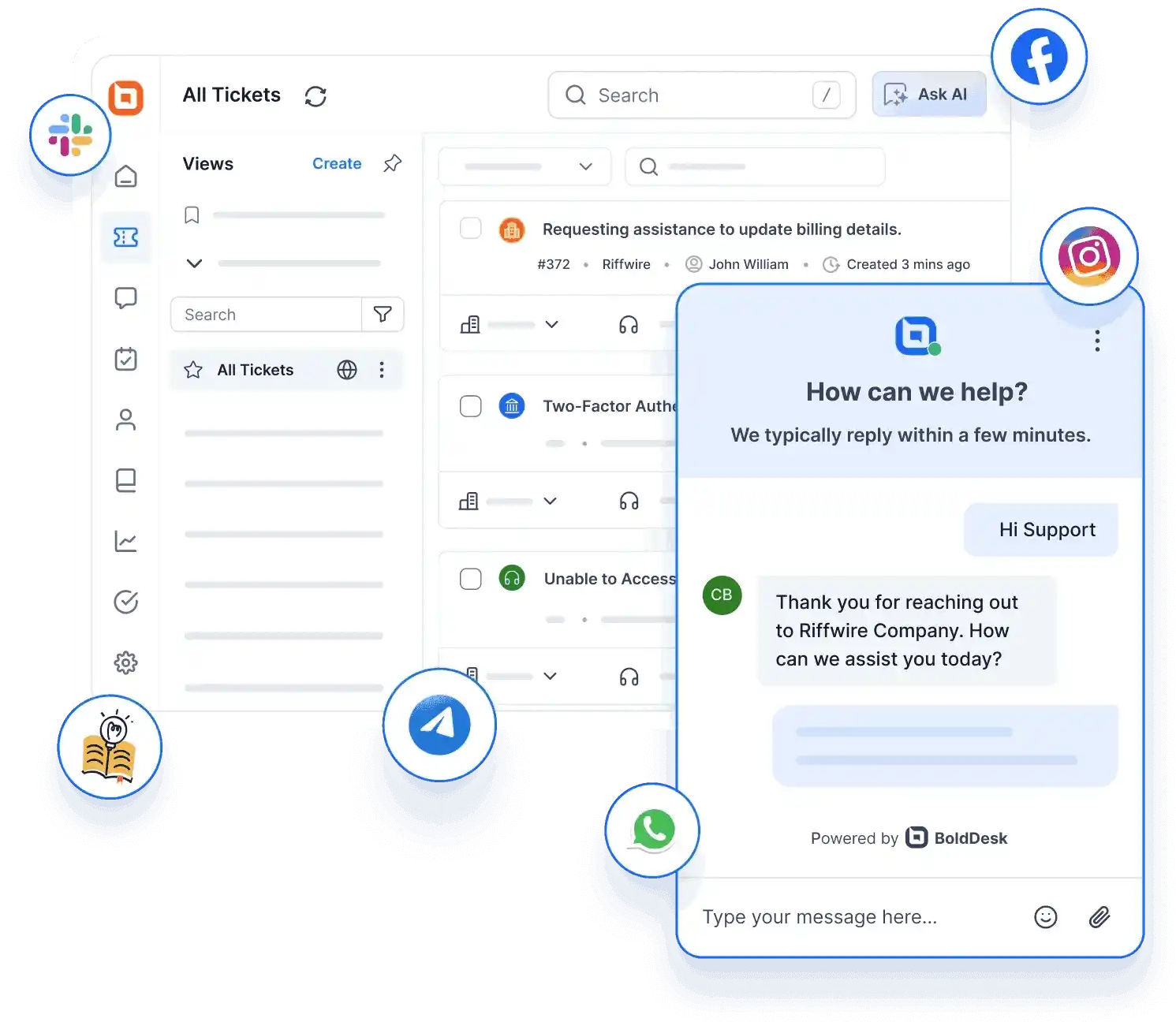 A clean ticket dashboard with filters, categories, and an AI Copilot panel that supports efficient HR help desk operations.