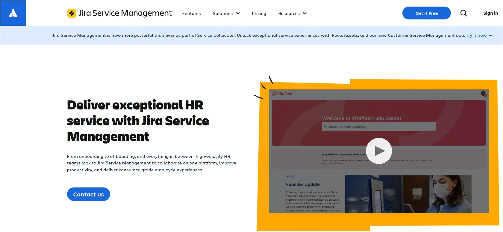 Jira Service Management homepage message 'Deliver exceptional HR service with Jira Management 'with a service desk scene and branding that reflects a modern HR help desk solution.