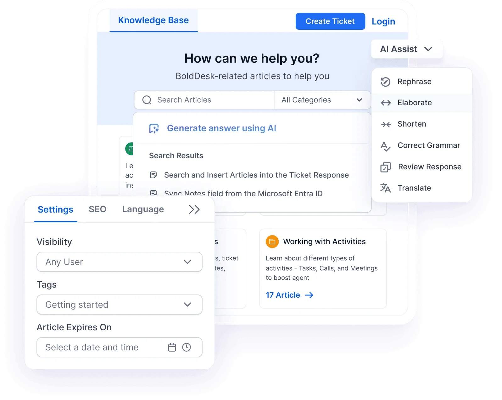 Interface showing a help center page with a search bar, AI Assist menu options like Rephrase and Elaborate, article suggestions, and settings panels for visibility, tags, and expiration.