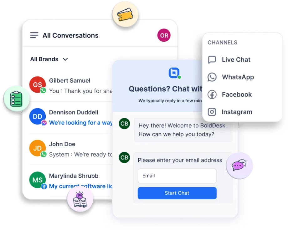 Multichannel live chat support interface displaying social media customer service conversations with users