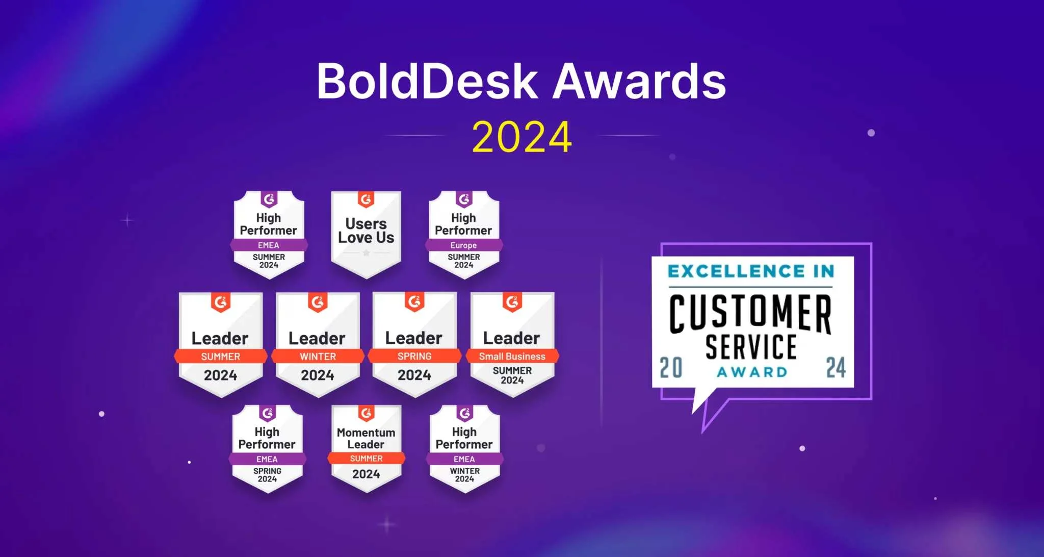 BoldDesk Awards 2024 with eight G2 badges and Excellence in Customer Service Award on purple background