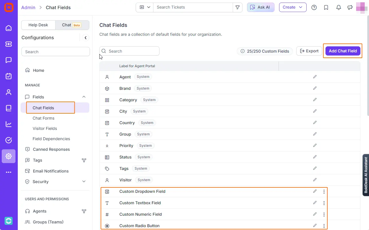 Custom fields in chat conversations