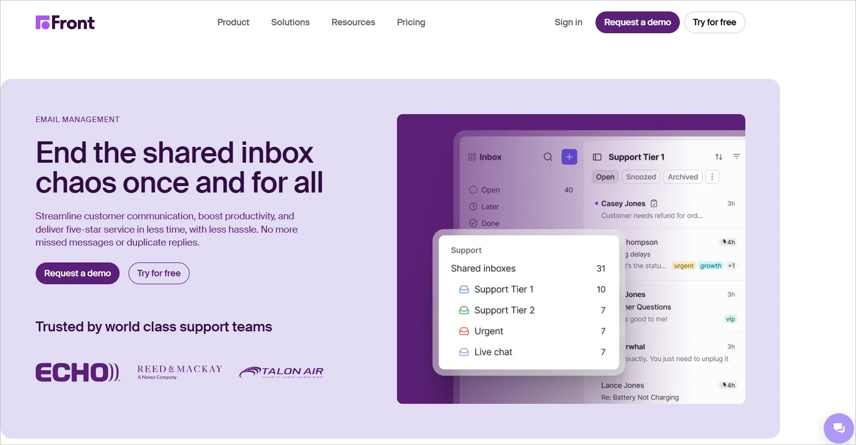 Front webpage with a headline 'End the shared inbox chaos once and for all' with a screenshot of shared inbox tiers