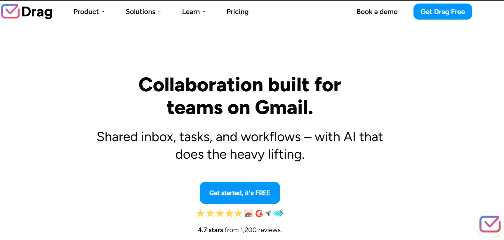 Drag website promotes Google Workspace shared inbox with demo option, free trial link, and 4.7‑star review