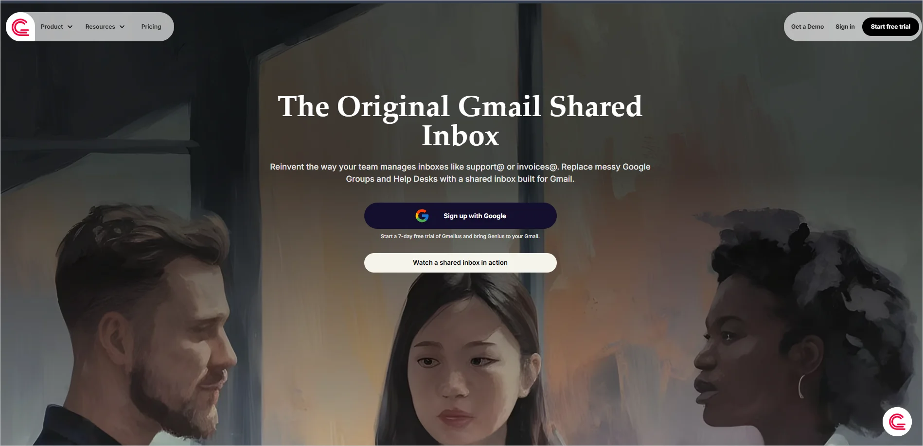 Gmelius homepage shows teamwork integration with Gmail, signup and demo buttons on dark grey background for inbox efficiency