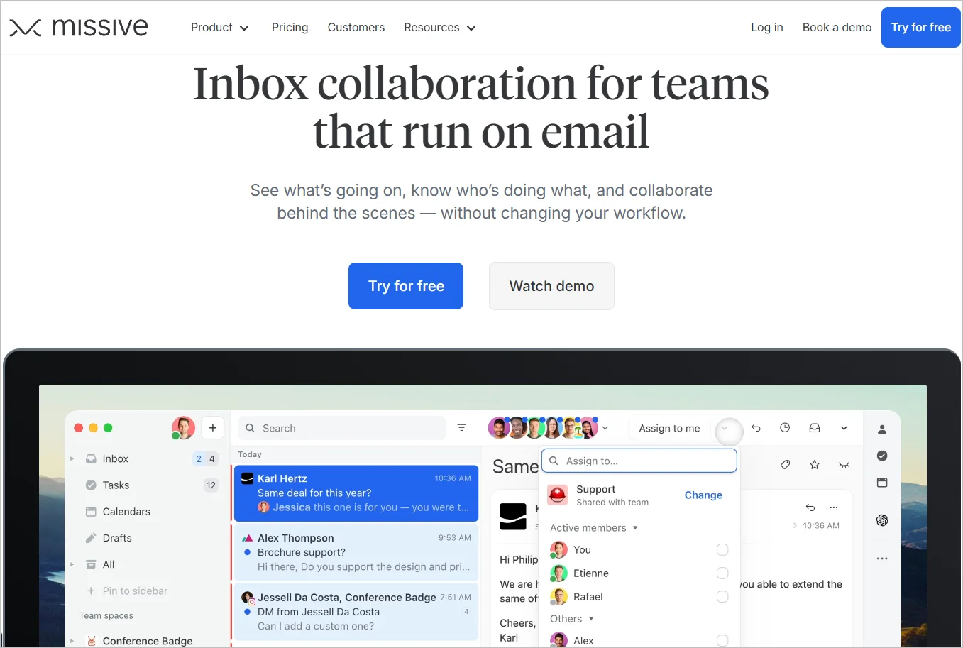 Missive homepage highlights team inbox and chat app for collaborative email, with bright inviting interface thumbnail