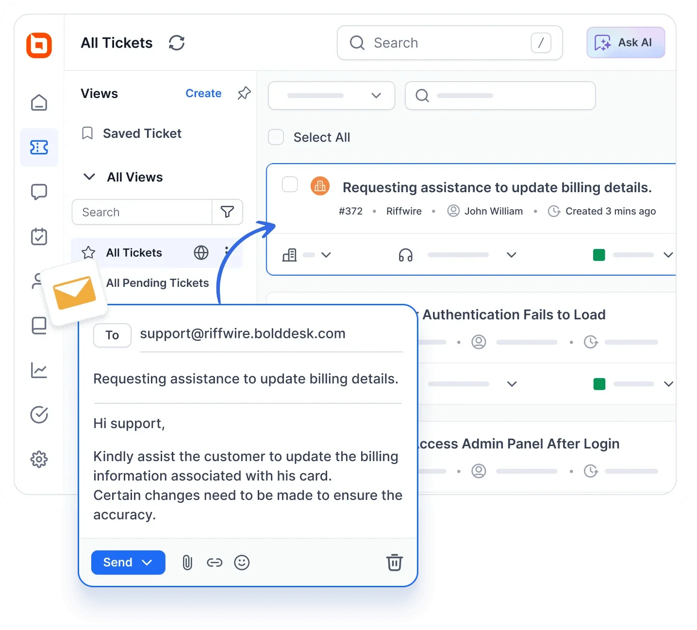 Help desk dashboard showing an email request converted into a support ticket with centralized ticket management