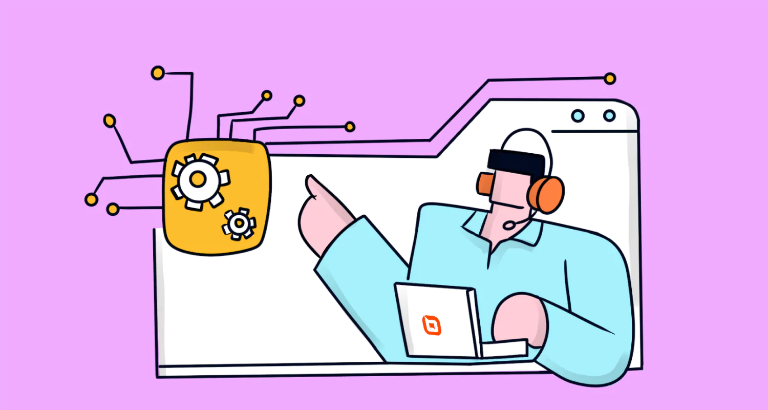 Infographic on a purple background showing blue AI automation assisting a support agent through connected system workflows
