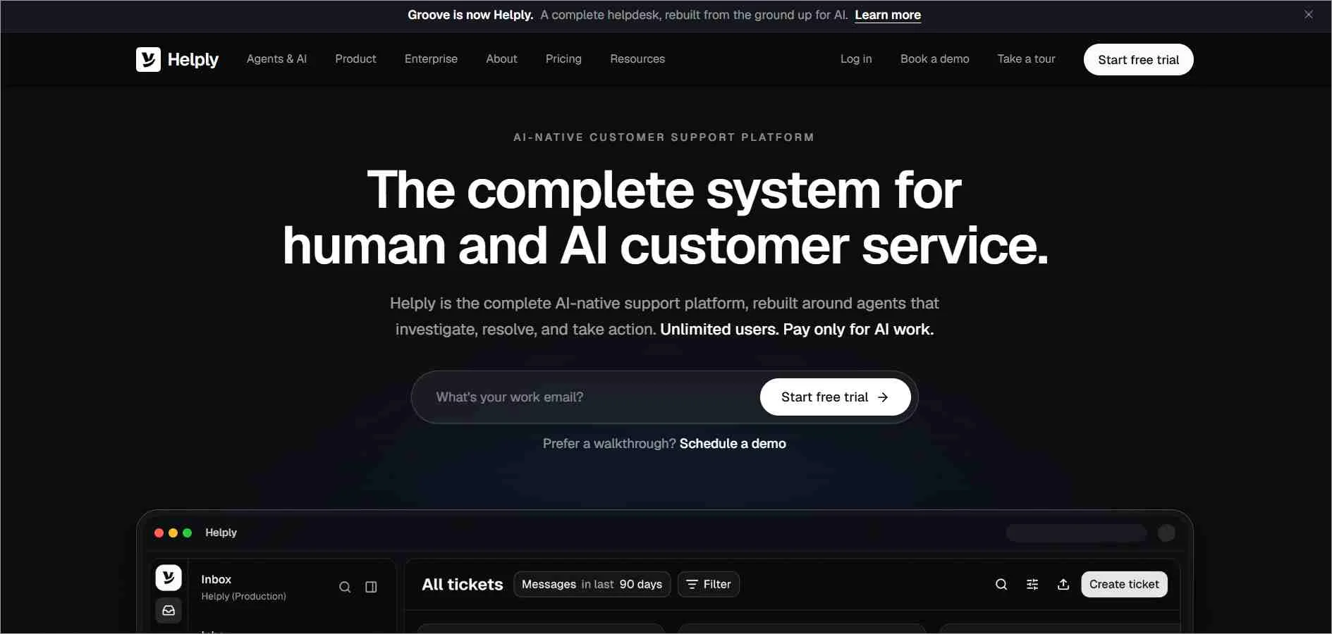 Helply homepage with white background, bold black headline, and minimal UI showcasing AI-native B2B support platform