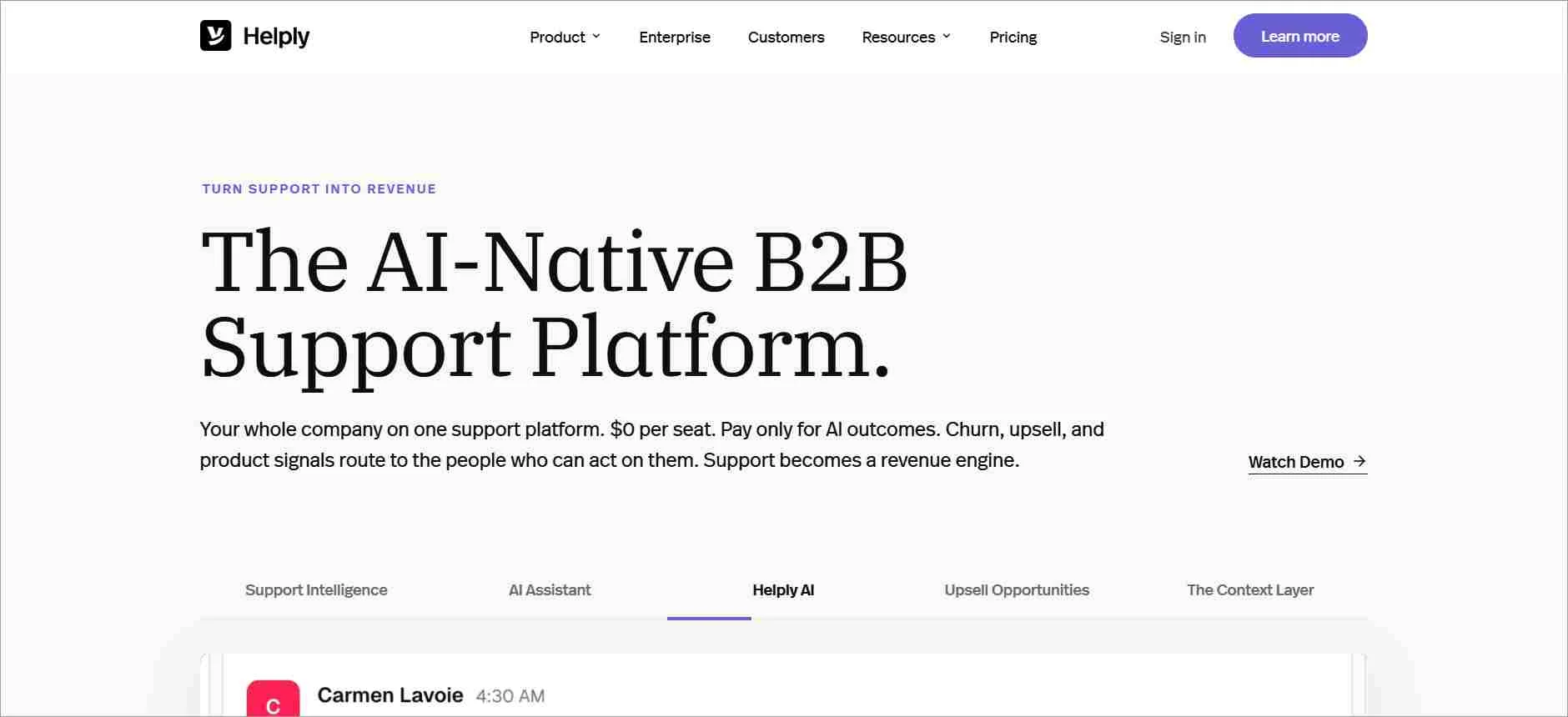 Helply homepage with white background, bold black headline, and minimal UI showcasing AI-native B2B support platform
