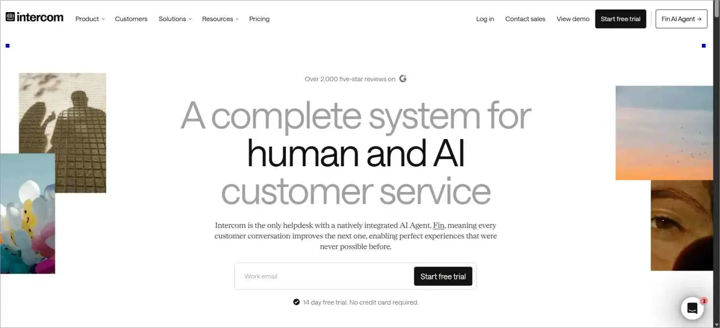 Intercom ticketing system with white background, black AI helpdesk headline, small colorful images, and navigation header