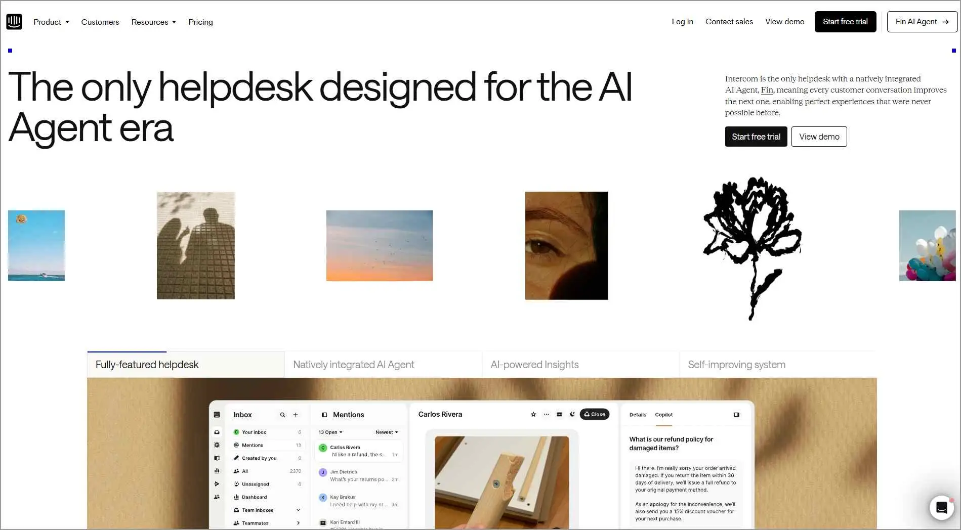 Intercom homepage showing an AI first help desk platform with product interface previews