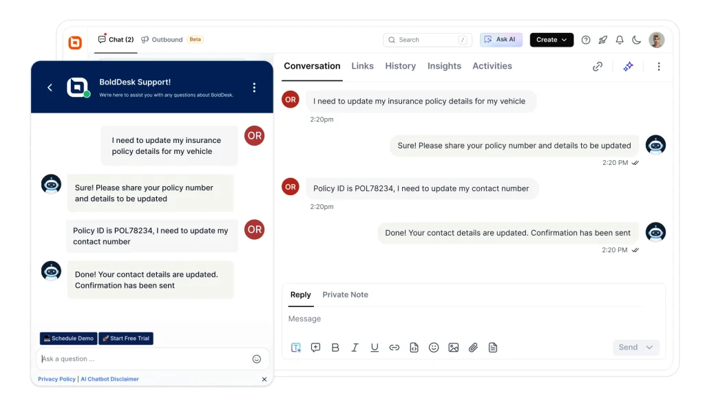 BoldDesk live chat widget and agent dashboard showing an AI-assisted customer conversation and policy update request