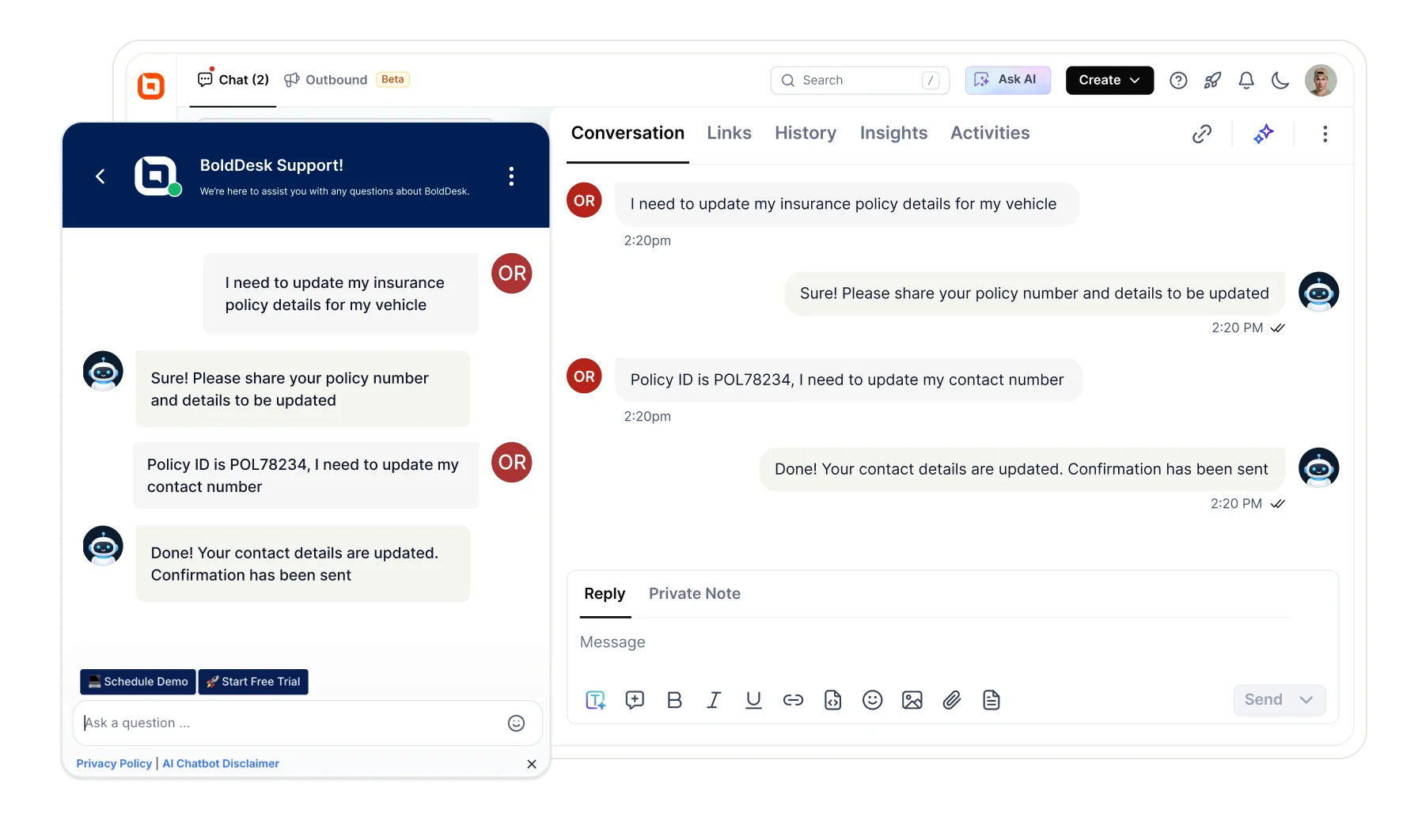 BoldDesk live chat widget and agent dashboard showing an AI-assisted customer conversation and policy update request
