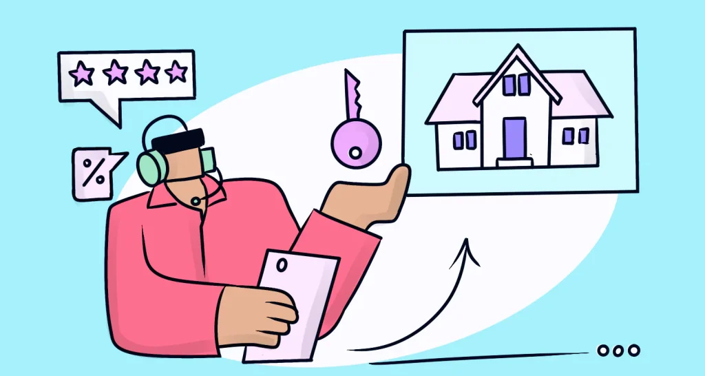 Illustration of a support agent in a headset pointing to a house sketch, holding a tablet, with key and percentage icons