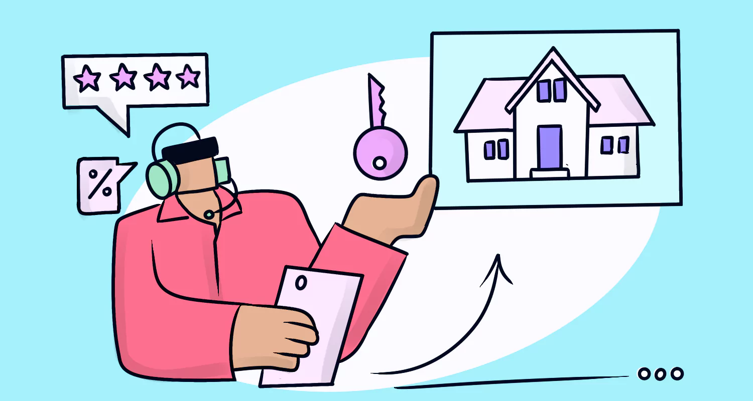 Illustration of a support agent in a headset pointing to a house sketch, holding a tablet, with key and percentage icons