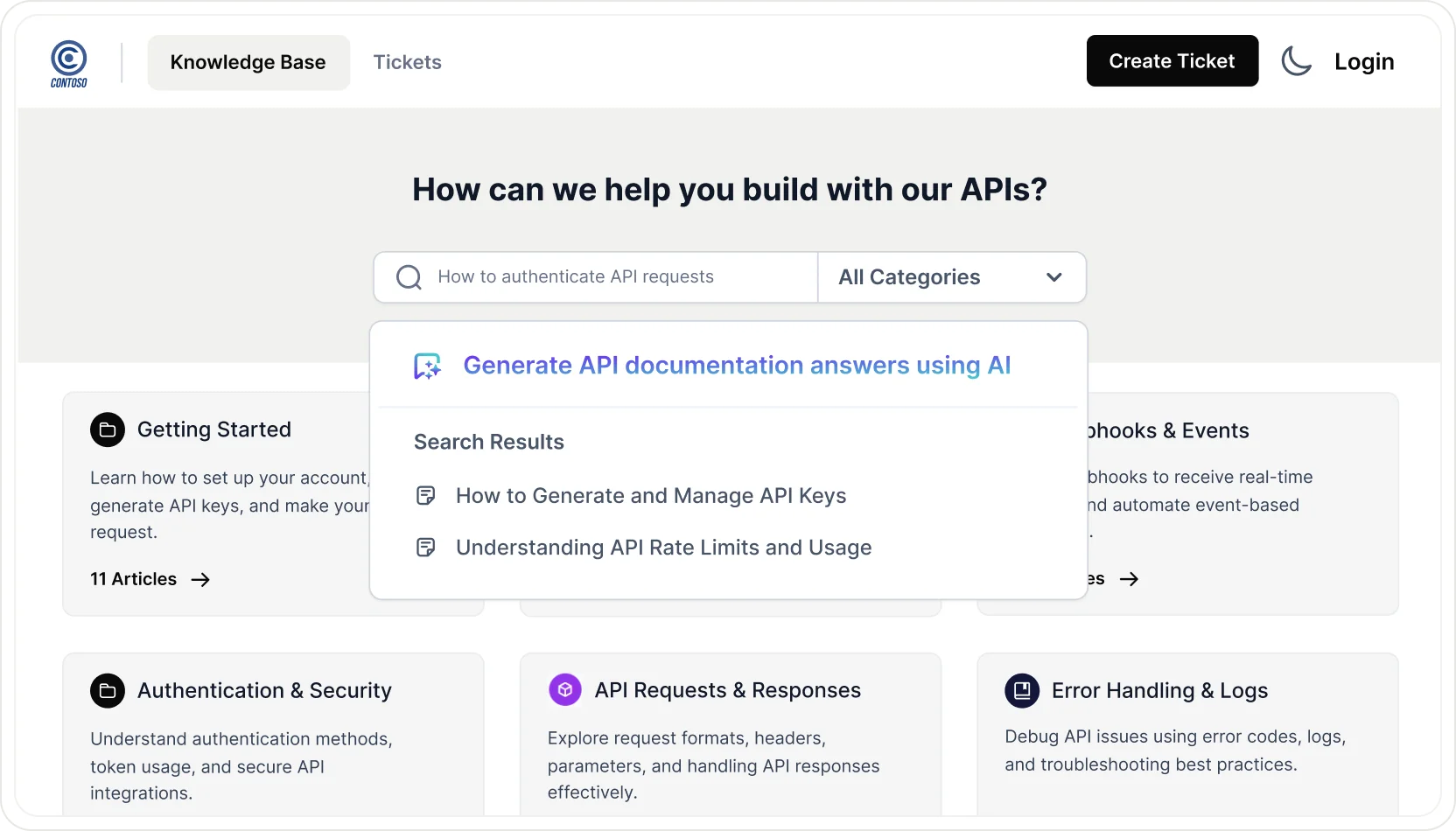 Knowledge base homepage with AI-powered search, API documentation categories, and suggested help articles.