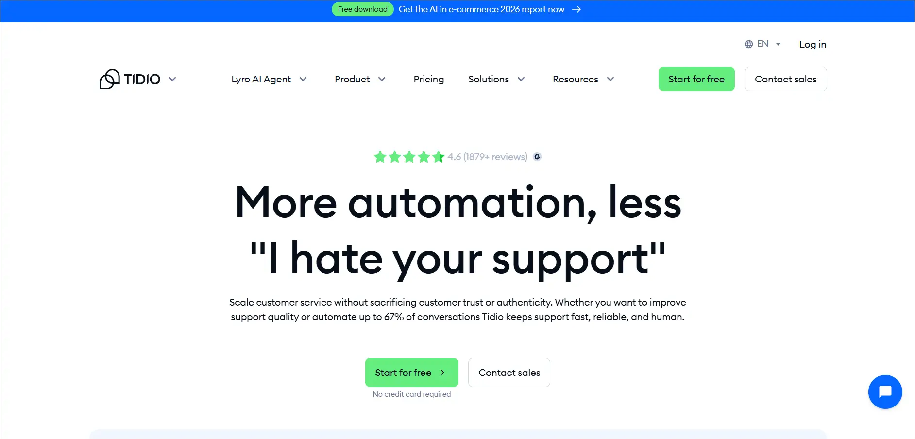 Tidio homepage highlighting AI powered live chat automation, pricing links, and calls to start a free trial