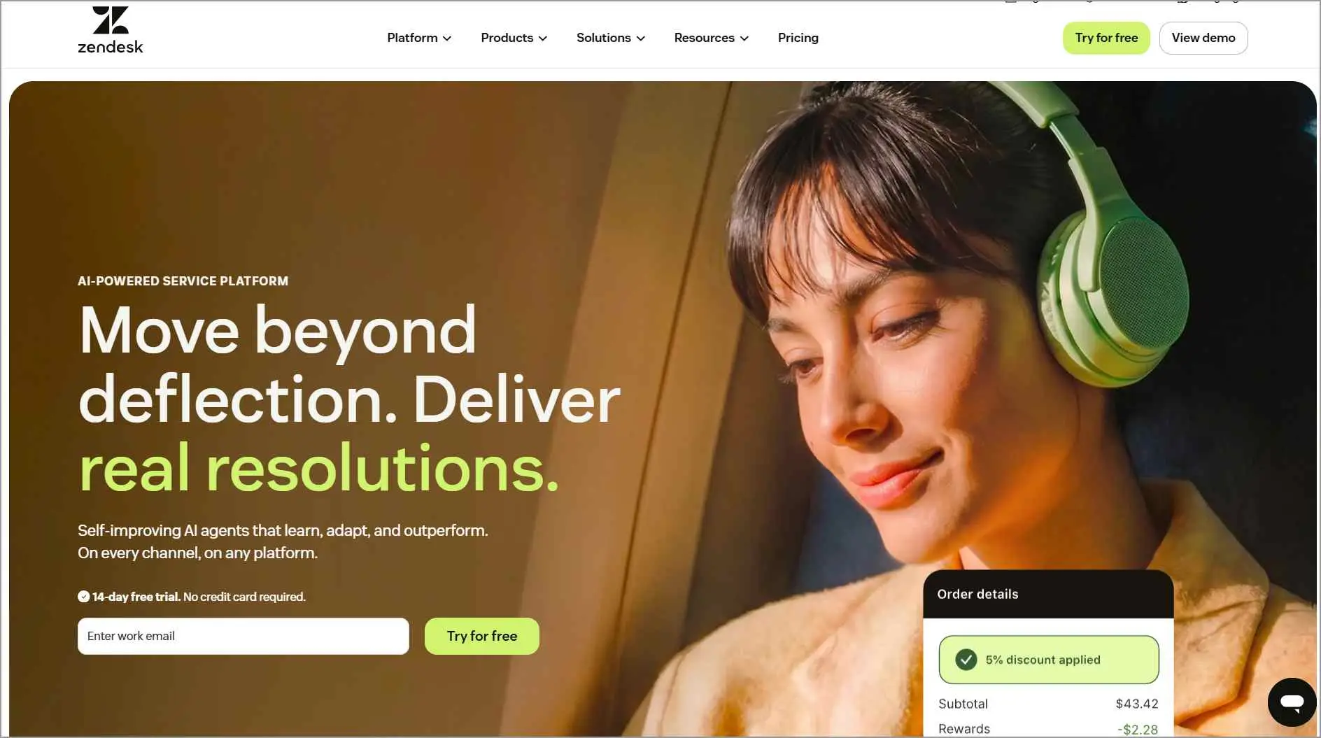 Zendesk homepage showing AI-powered service platform banner with a chat widget and example AI agent conversation on screen