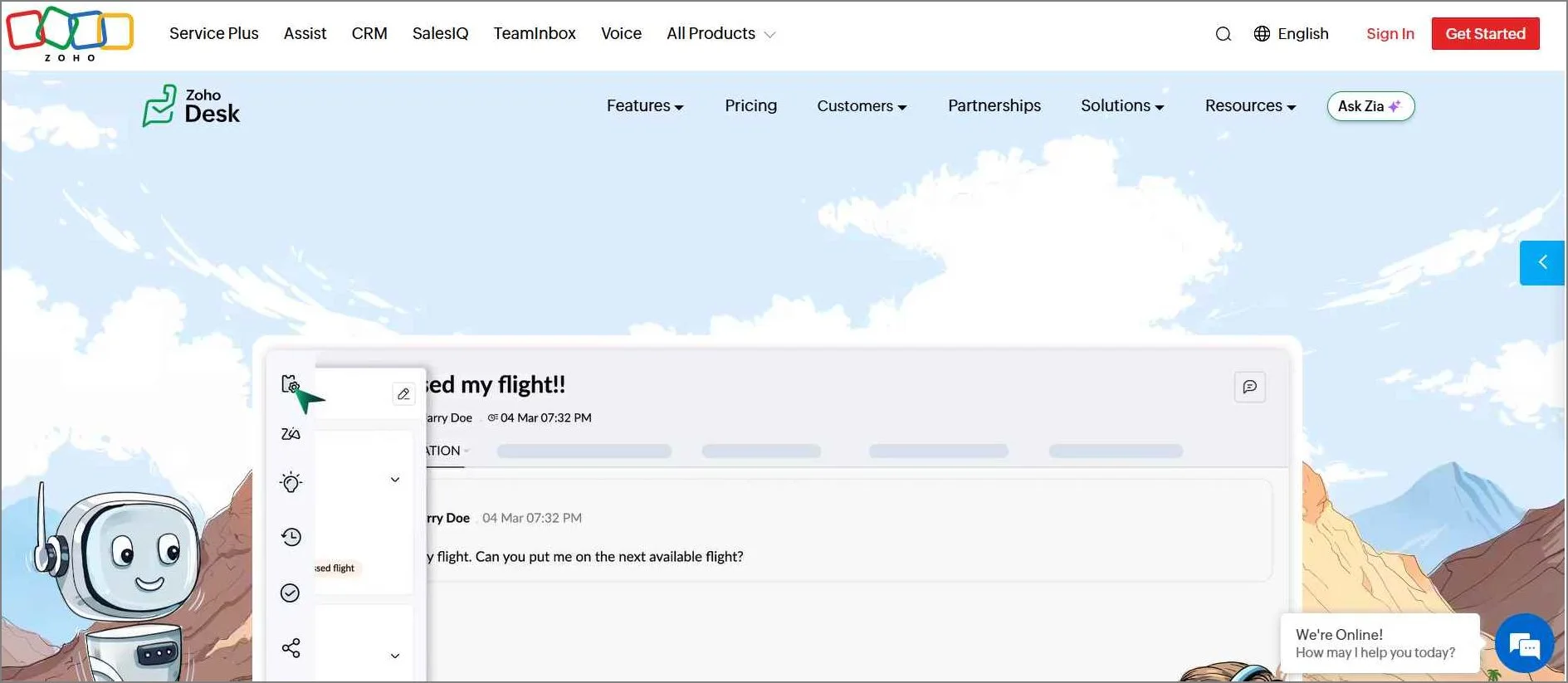 Zoho Desk homepage showing a help desk interface with a live chat widget, AI assistant icon, and ticket view on screen