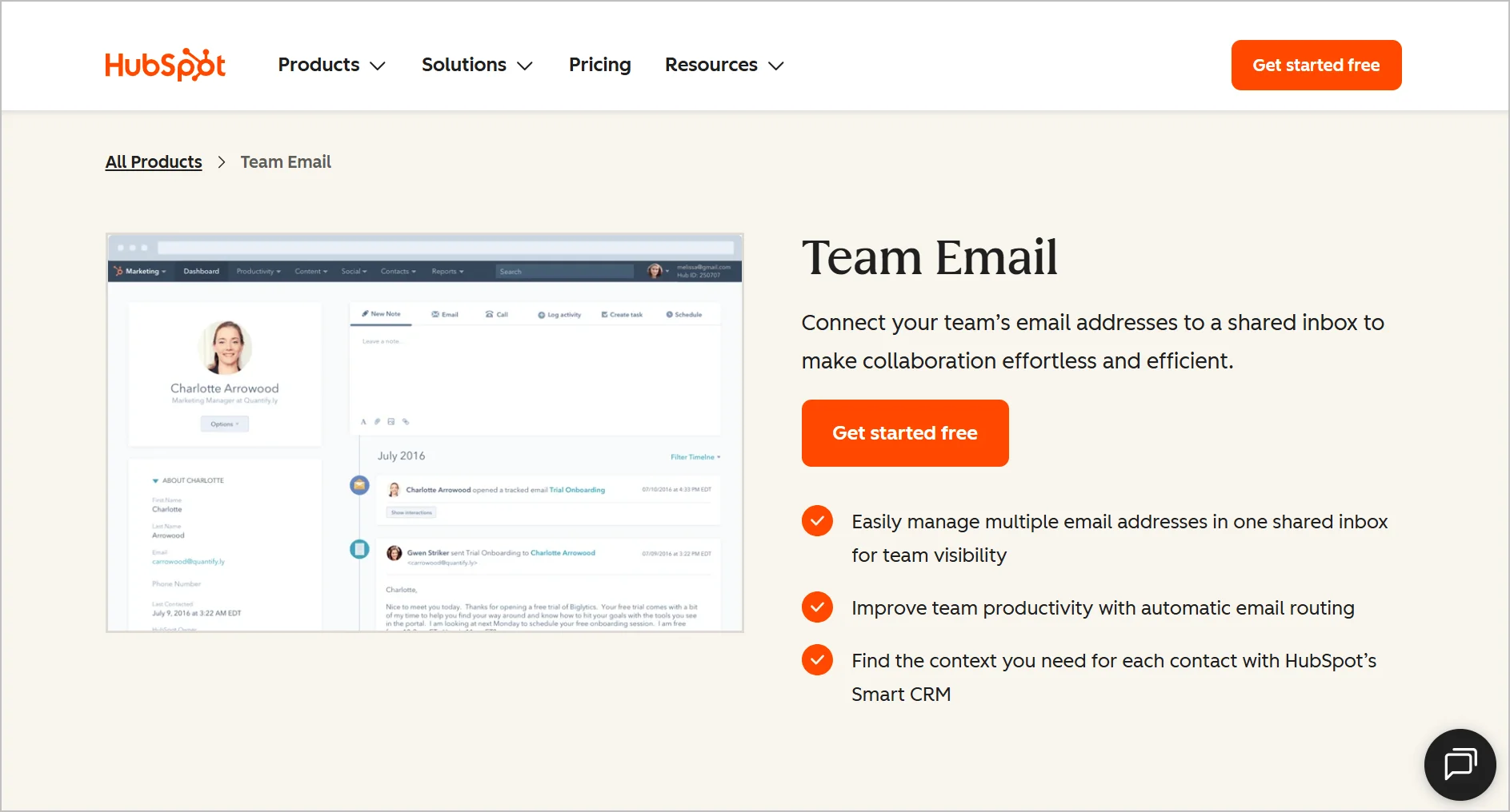HubSpot Team Email page highlights shared inbox collaboration, CRM integration, and 'Get started free' button onboarding.