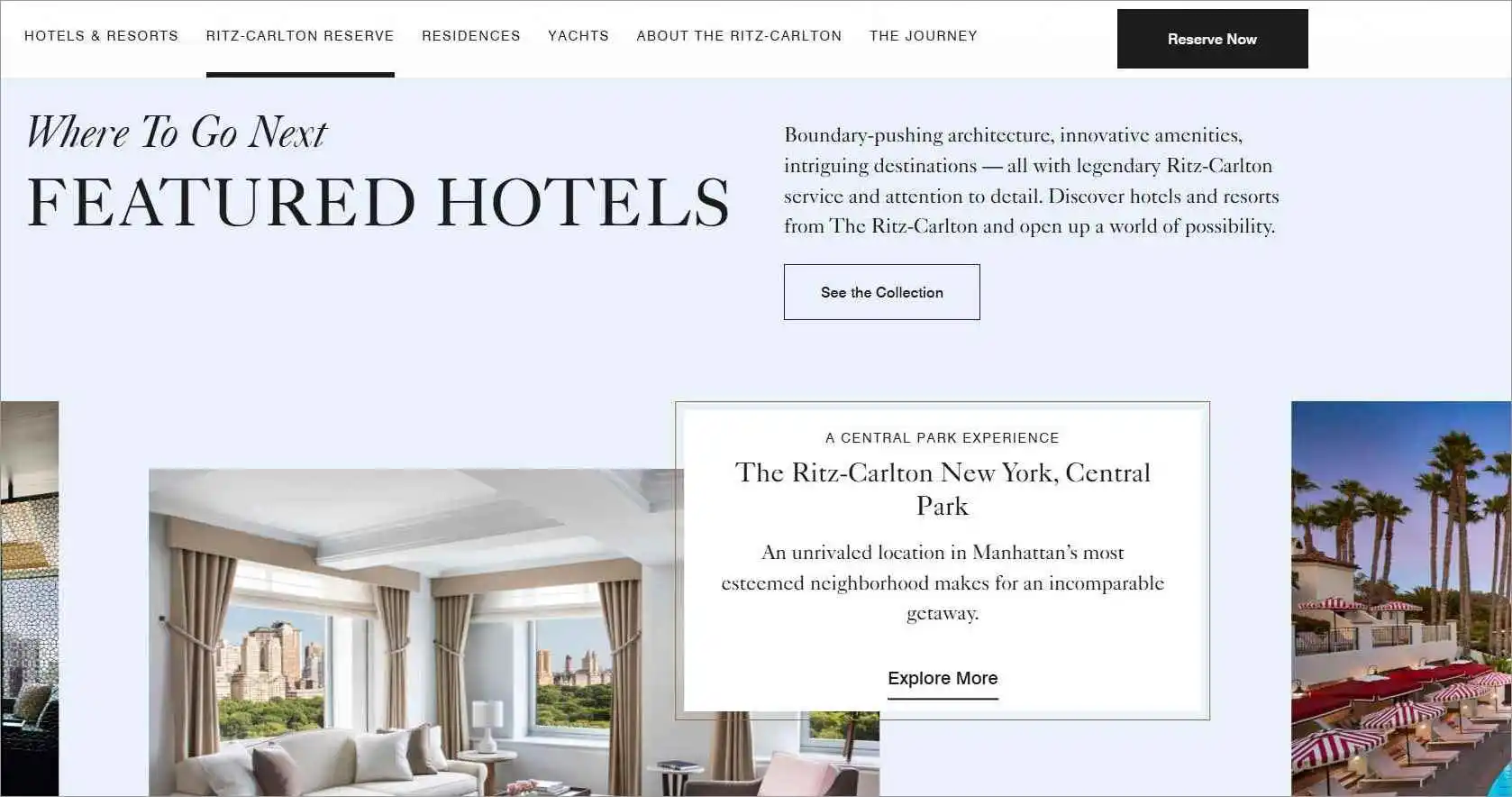 Luxury hotel setting featured on The Ritz-Carlton homepage