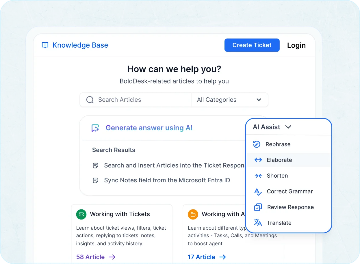 BoldDesk Knowledge Base with AI Assist menu open, showing options like Rephrase, Shorten, Correct Grammar, and Translate.