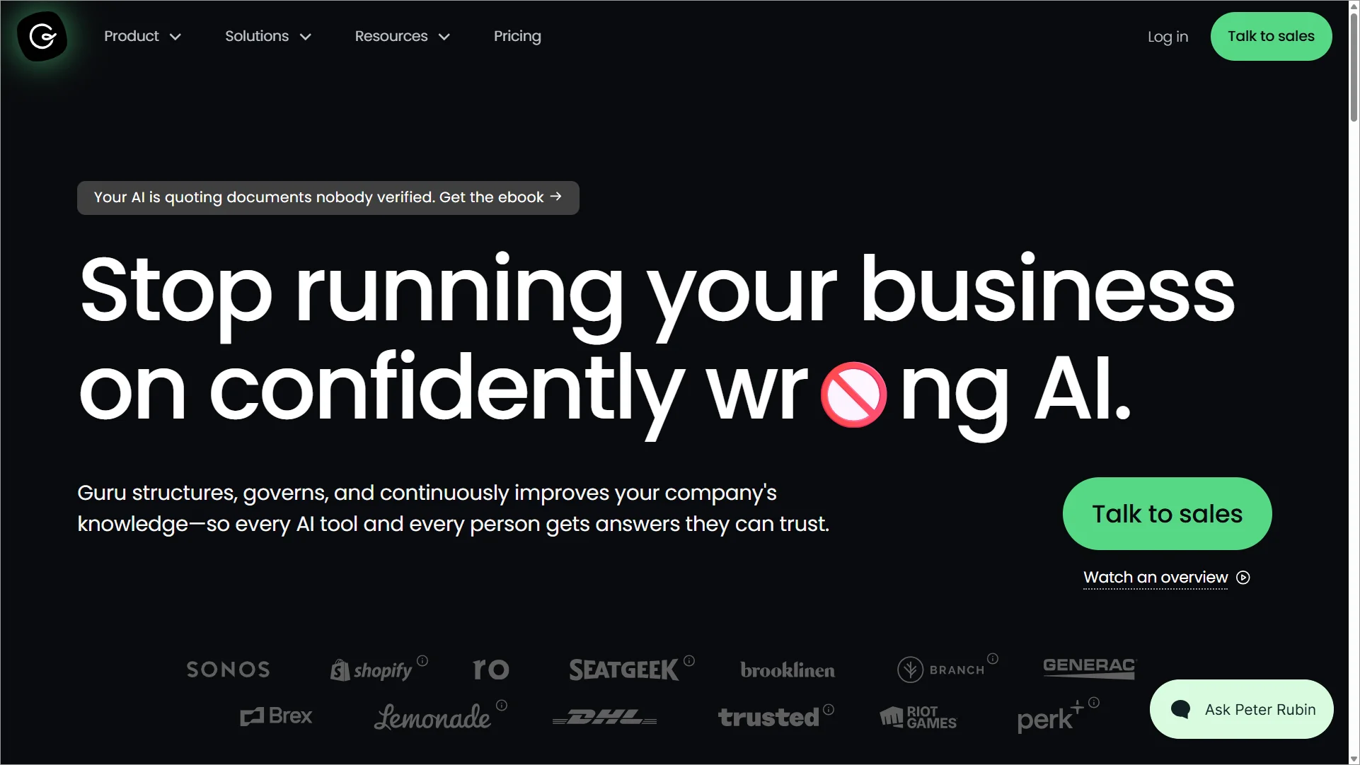 Guru knowledge management platform homepage highlighting AI-powered knowledge governance and trusted information access.