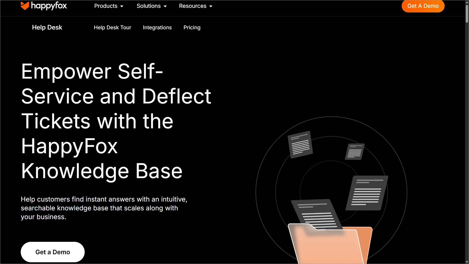 HappyFox knowledge base homepage showing self-service support, searchable articles, and customer help resources.