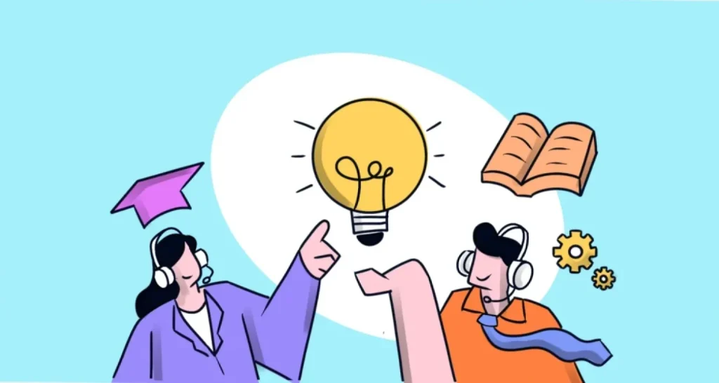 Best knowledge base software illustration with a yellow lightbulb, open book, gear, and headset users on a blue background