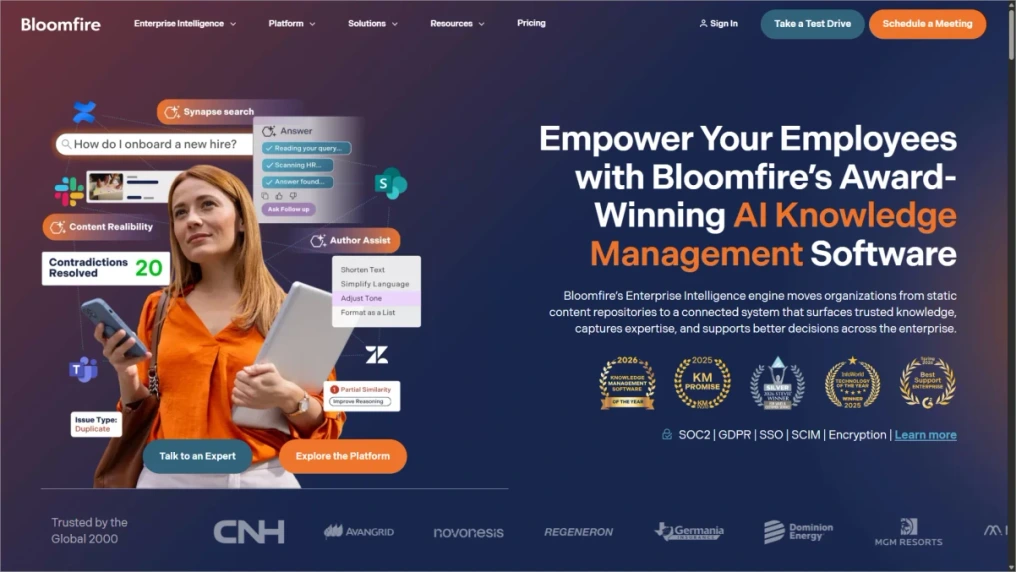 Bloomfire homepage showcasing knowledge management software features, team profiles, and a demo call-to-action.