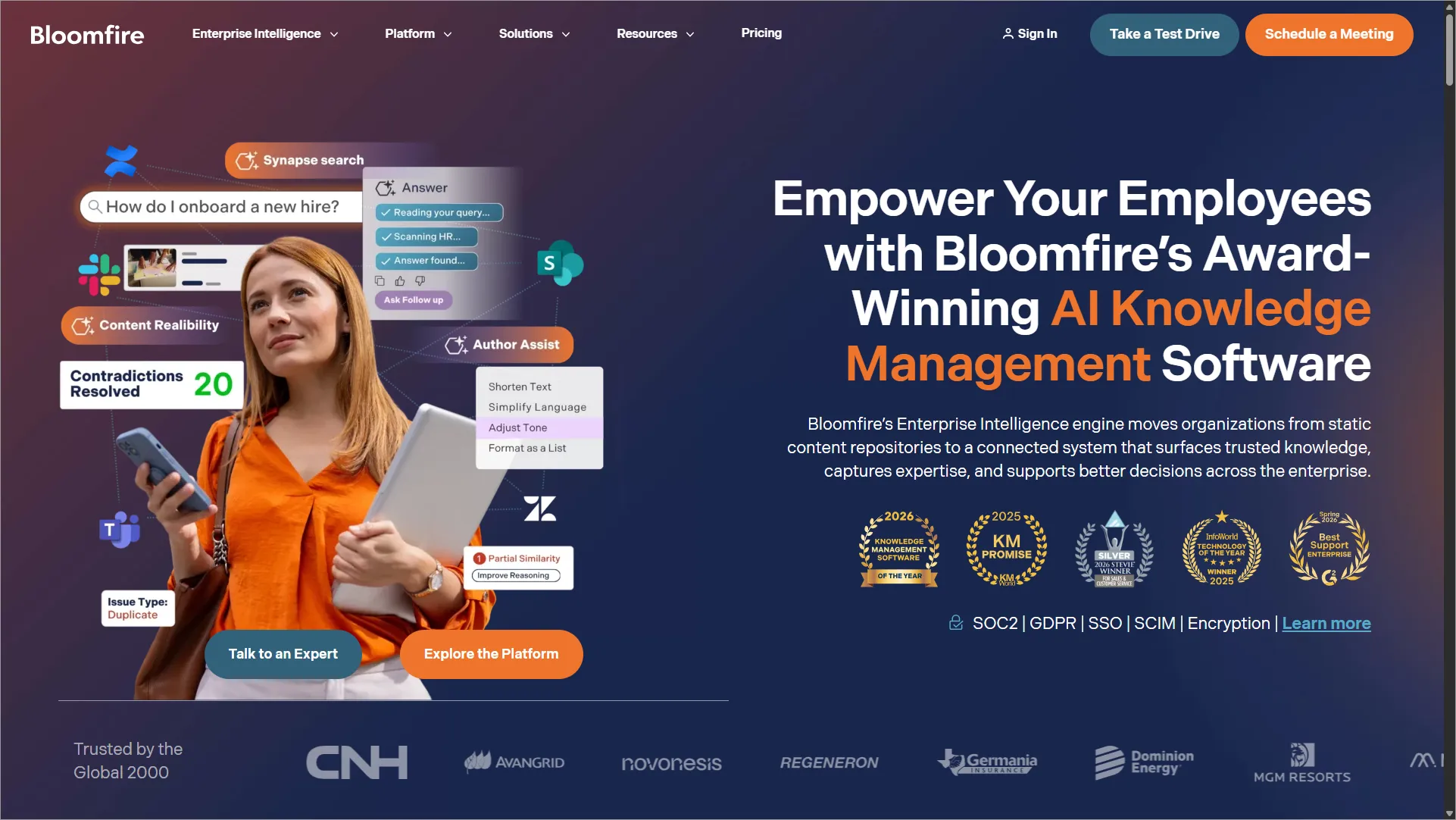 Bloomfire homepage showcasing knowledge management software features, team profiles, and a demo call-to-action.