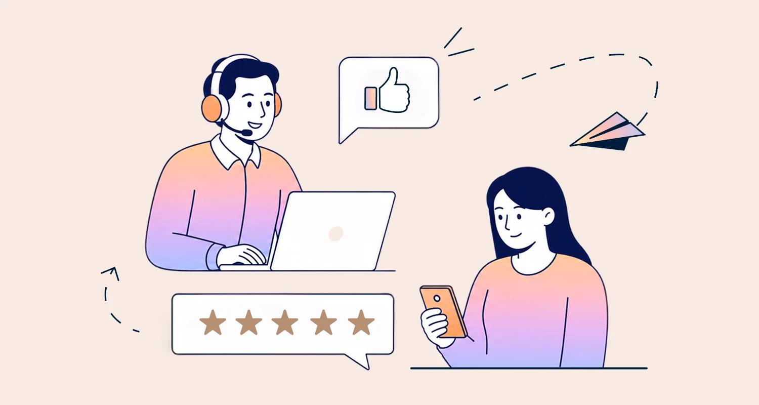 Customer service specialist receiving positive feedback and five-star ratings from a satisfied customer via digital channels.